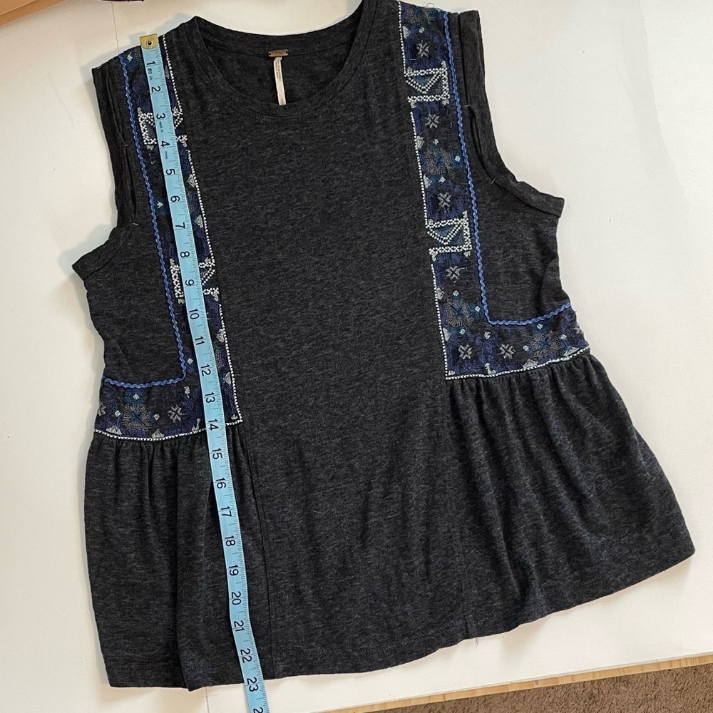 Free People Marcy Tank Charcoal Gray Blue Embroidered Details Boho Shirt Sz SM - Picture 14 of 15